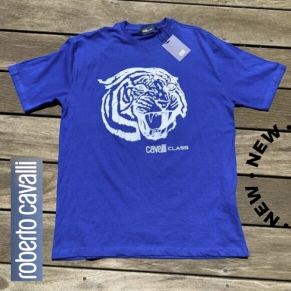 Roberto Cavalli Class Blue & White Short Sleeve Tee - Picture 1 of 7